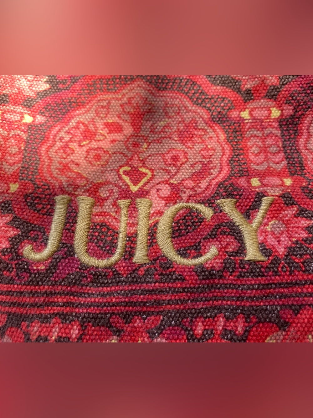 Y2K Rare Juicy Couture Burgundy Paisley Tote with Scarf Butterfly Charm Leather